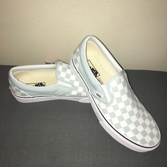 baby blue checkered vans slip ons